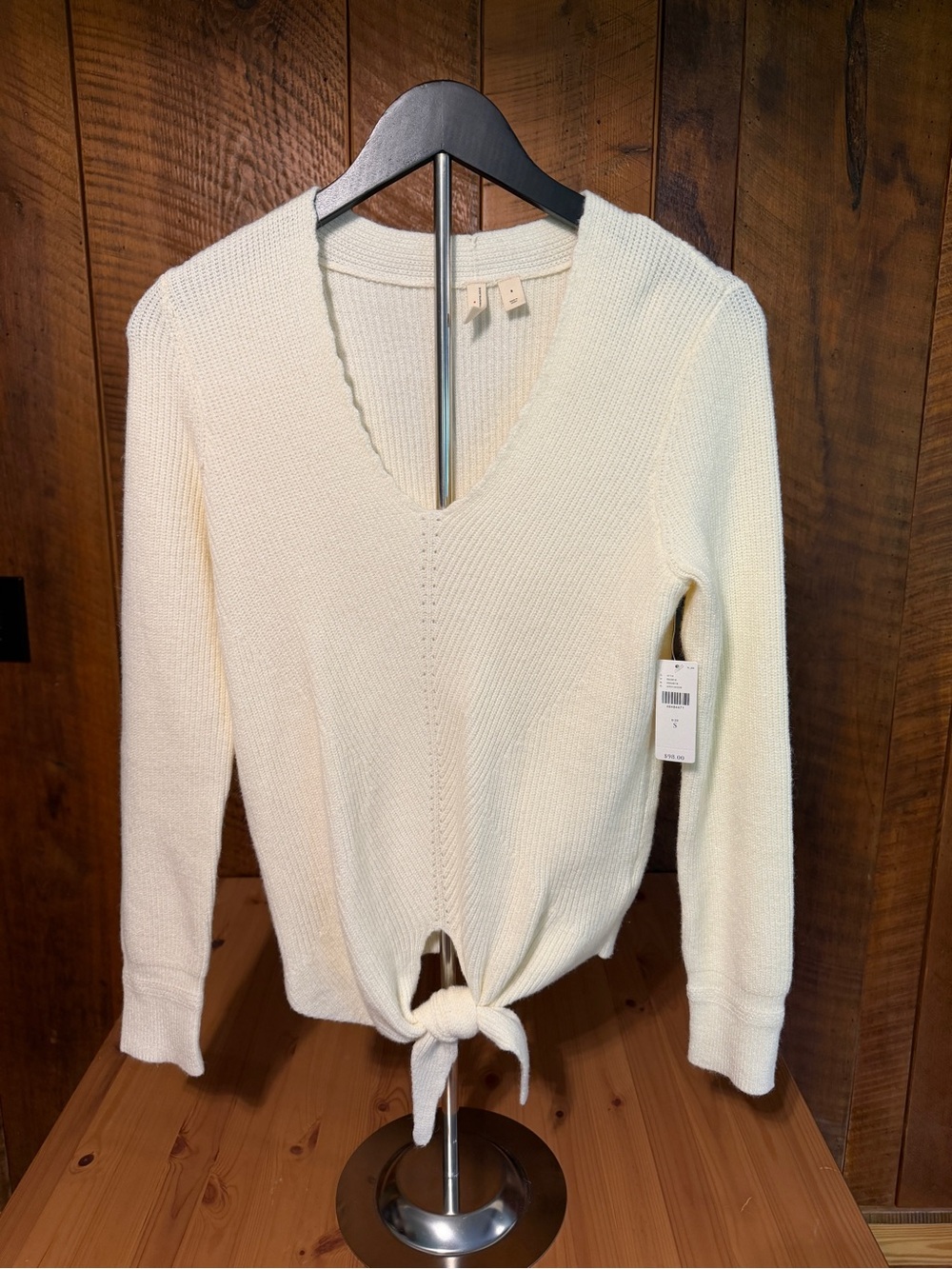 NWT Anthropologie Moth Ivory Ribbed V-Neck Tie Front Sweater Coquette S